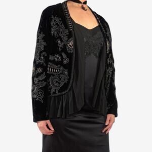 Victorian Gothic Black Velvet Embroidered Ruffle Open Jacket Sz Large